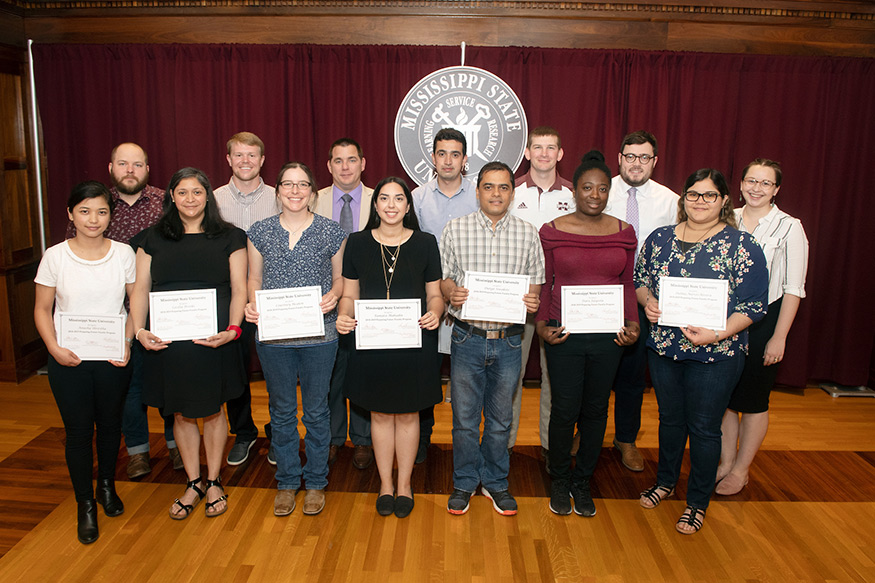 Graduates of MSU’s 2018-2019 Preparing Future Faculty certificate program include: front, l-r, Anusha Shrestha, Cecilia Brooks, Courtney Heaton, Tamara Mahadin, Durga Siwakoti, Dara Jaiyeola, Delma Nieves-Rivera, and back, l-r, Rob Barlow, Turner Sanderson, Michael Nattrass, Muhammet Rasit Ugur, Brad Richardson, Harry Cridge, and Ashley Dafoe. (Photo by Beth Wynn)