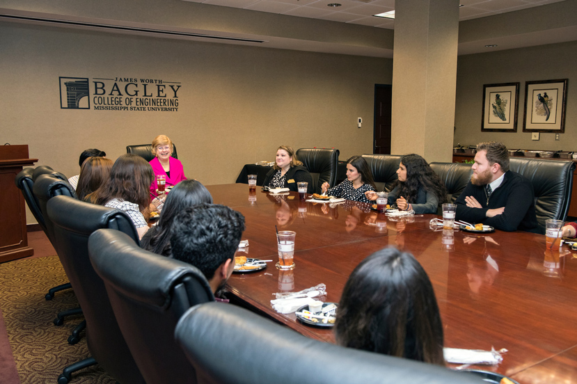 MSU Provost and Executive Vice President Judy Bonner (center) and English Language Institute Director Alison Stamps (immediate right) meet with Mexican postsecondary students during their visit to the Starkville campus, coordinated by the university’s International Institute. Over a five-week period, the students have received approximately 100 hours of intensive English contact hours with classes and seminars at MSU, while continuing their studies, long distance, from their respective Mexican higher learning institutions. Their visit is part of Proyecta 100,000, the Mexican government’s proposal to send 100,000 Mexican students and faculty to the U.S. by 2018.  (Photo by Beth Wynn)