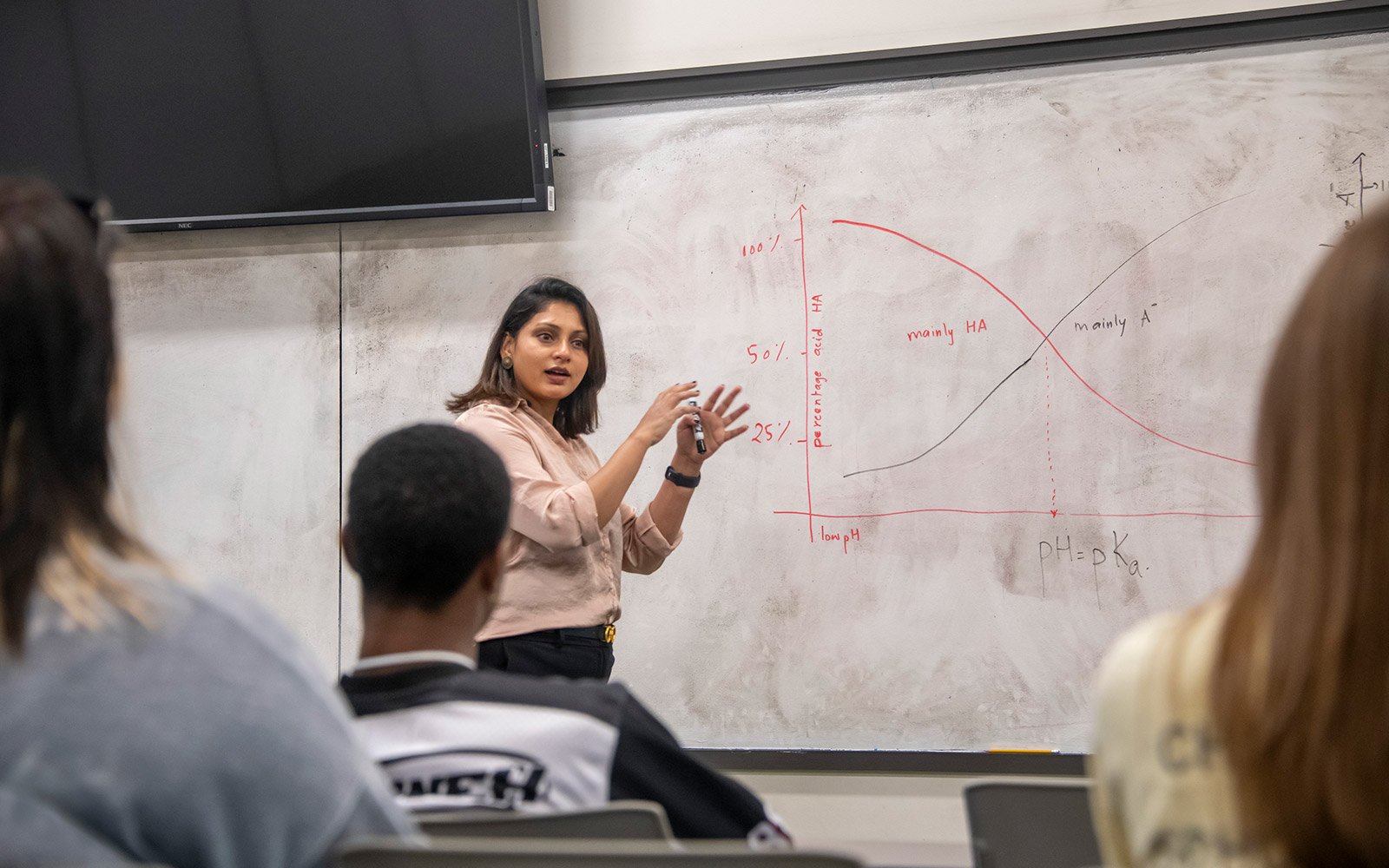 woman standing in front of whiteboard