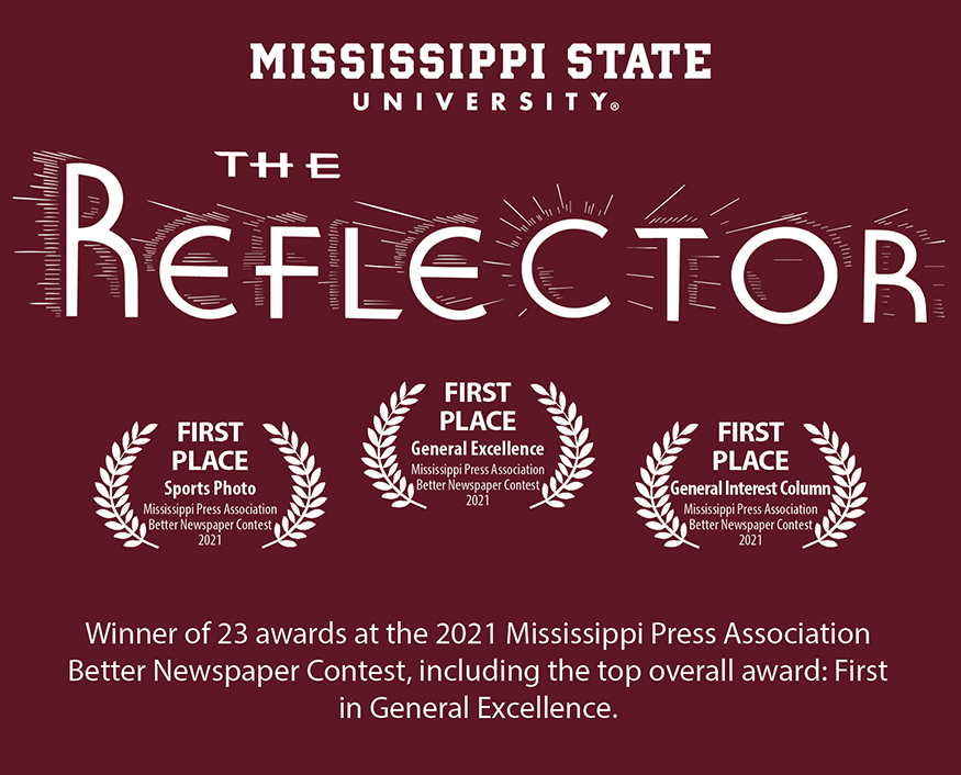 Maroon and white graphic announcing The Reflector student newspaper's first place awards in the MPA's Better Newspaper Contest Student Division competition