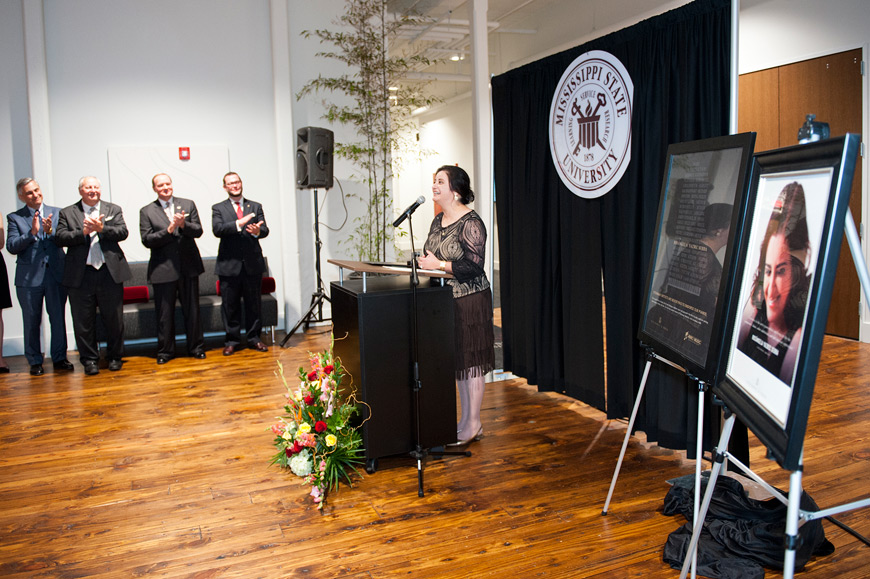 Rosângela Yazbec “Rose” Sebba, Mississippi State University music department professor of piano, theory and ear training, was honored Tuesday evening [Sept. 15] with a reception celebrating her prestigious Steinway Artist designation. A native of Brazil with more than 36 years of experience in piano performance, Sebba is among the select ranks of some 1,600 highly esteemed musicians from around the world who have chosen to play exclusively on pianos produced by internationally renowned piano manufacturer Steinway & Sons. Among those congratulating Sebba during the celebration were (l-r) Barry E. Kopetz, MSU professor and music department head; Richard Blackbourn, dean of education; President Mark E. Keenum; and Robert Klingbeil, director of institutional sales for Amro Music Stores Inc. in Memphis, Tennessee. (Photo by Russ Houston)