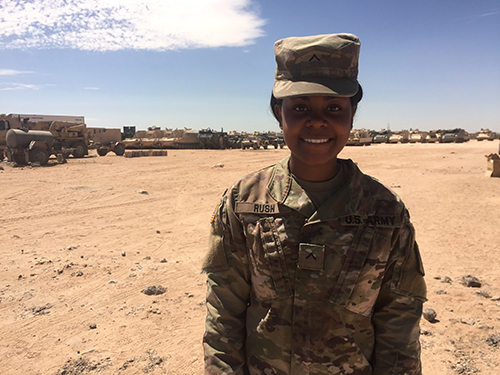 Mississippi Army National Guard Private Keanna Rush, a Mississippi State business administration freshman from Philadelphia, is among several MSU students currently deployed with the 155th Armored Brigade Combat Team and other National Guard units. (Submitted photo)
