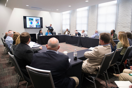 Eban Bean of the University of Florida leads discussion during a breakout panel March 28 during the SEC Academic Conference hosted at MSU. The conference focused on “The Future of Water” and included more than 60 speakers and panelists from throughout the SEC on a variety of water resource topics. (Photo by Megan Bean)