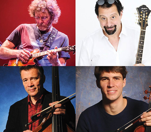 Images of musicians Sam Bush, Mike Marshall, Edgar Meyer and George Meyer