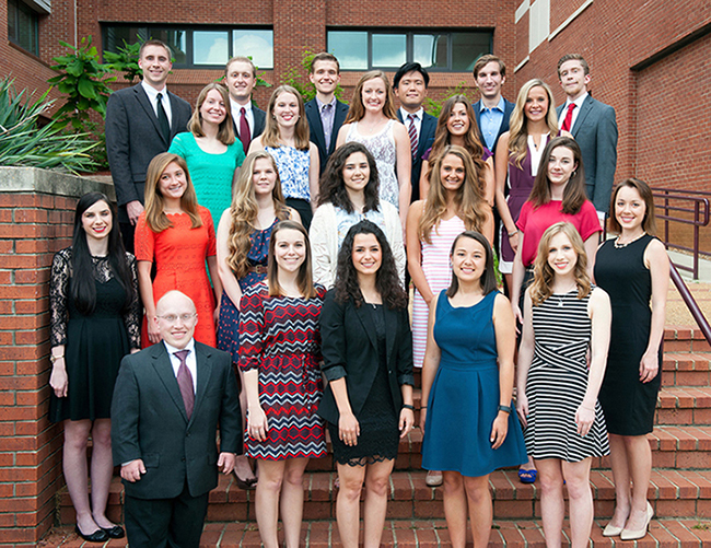 MSU’s 2017 Society of Scholars class includes (first row, l-r) Cole Wood, Courtney Hill, Francesca Wadlington, Reagan Arnwine, Margaret Eason (second, l-r) Lily McCrory, Anna Jackson, Robyn Ann Beattie, Rachel Weitzel, Madilyn Petty, Meredith Hilliard, Haley Jenkins (third, l-r) Sarah Phillips, Morgan Hydrick, Ruth Fowler, Lauren Osborne, Mary Denning, Jeffrey Jones, Joseph Kerstiens, Thomas Rogers, Dukjae Lee, Robert Frey and Anthony Laudadio. Not pictured is Maria Diener. (Photo by Russ Houston)