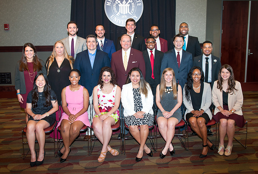 Pictured with MSU President Mark E. Keenum, center, are the 2016 Spirit of State honorees. (Photo by Russ Houston)