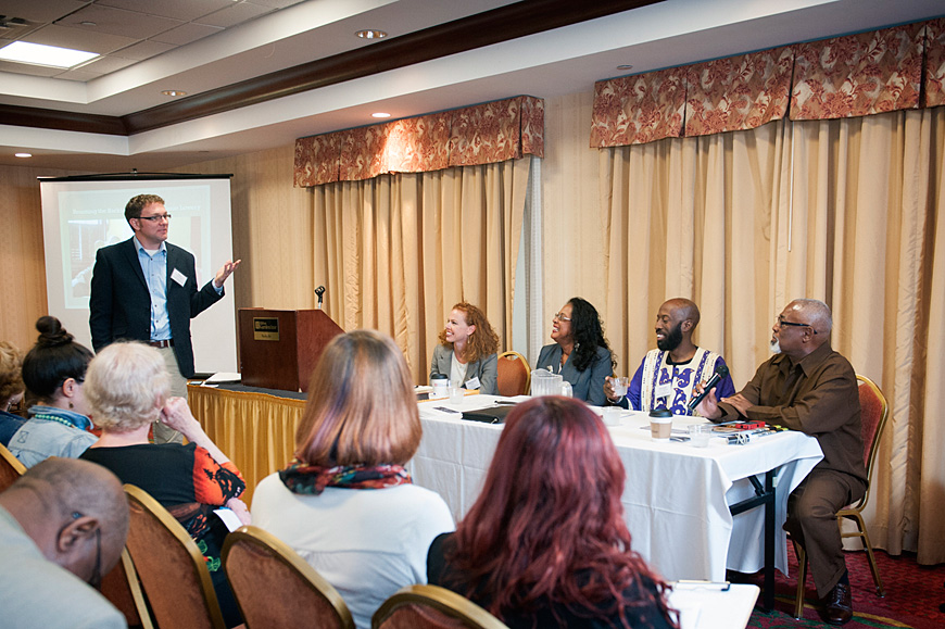 Mississippi State graduate student Nick Timmerman moderates a panel including Stephanie Rolph, assistant professor of history at Millsaps College; Shirley Hanshaw, associate professor of English at MSU; Michael Vinson Williams, dean of social sciences at Tougaloo College; and Chris Taylor, president of the Oktibbeha County chapter of the National Association for the Advancement of Colored People. The forum, held Thursday [Oct. 29] at the Hilton Garden Inn in Starkville, highlighted the struggle of African Americans during Starkville’s civil rights movement. (Photo by Megan Bean)