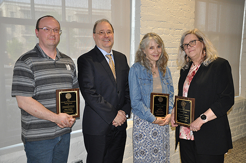  Pictured are MSU College of Arts and Sciences Dean Rick Travis, second from left, and, from left, 2024 MSU College of Arts and Sciences’ Teaching Award recipients Sean Stokes, Department of Chemistry assistant professor; Tonya Hays, Department of Communication professor; and Kristen Campbell, Department of Psychology assistant professor.