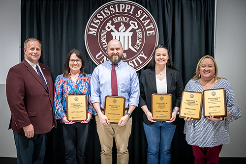 CALS Dean and MAFES Director Scott Willard; Instructor Cappe Hallberg, School of Human Sciences; Assistant Professor Ben Burke, School of Human Sciences; Assistant Professor Kelsey Harvey, the Department of Animal and Dairy Sciences and Instructor II Angel Fason, School of Human Sciences, were the recipients of the CALS teaching awards. (Photo by David Ammon)