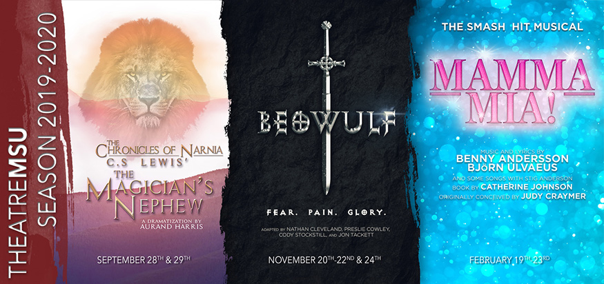 Theatre MSU flyer featuring three 2019-20 season graphics