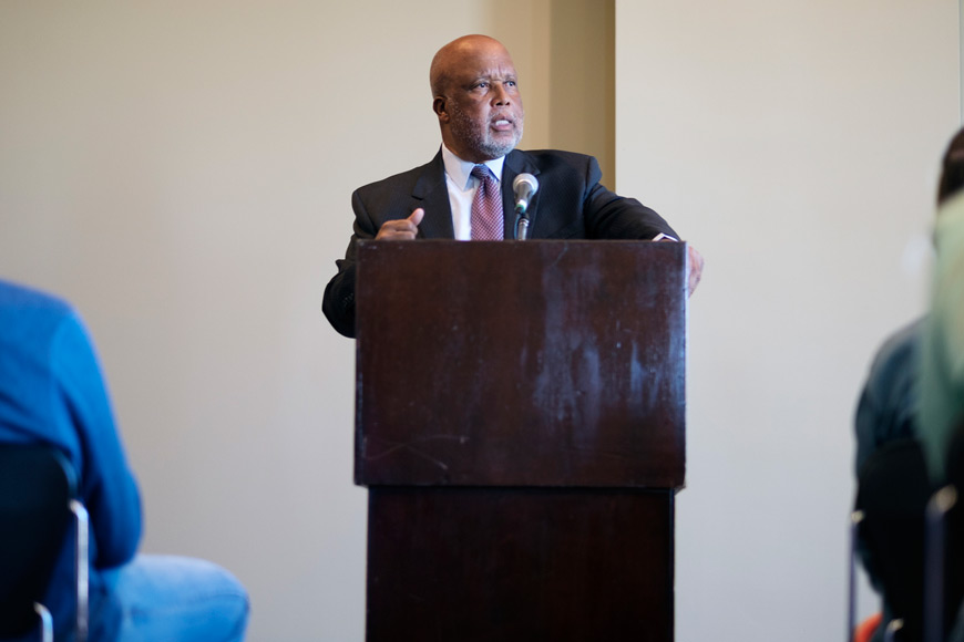 Rep. Bennie Thompson speaks during an appearance at MSU as part of the Lamar Conerly Governance Forum. (Photo by Megan Bean)