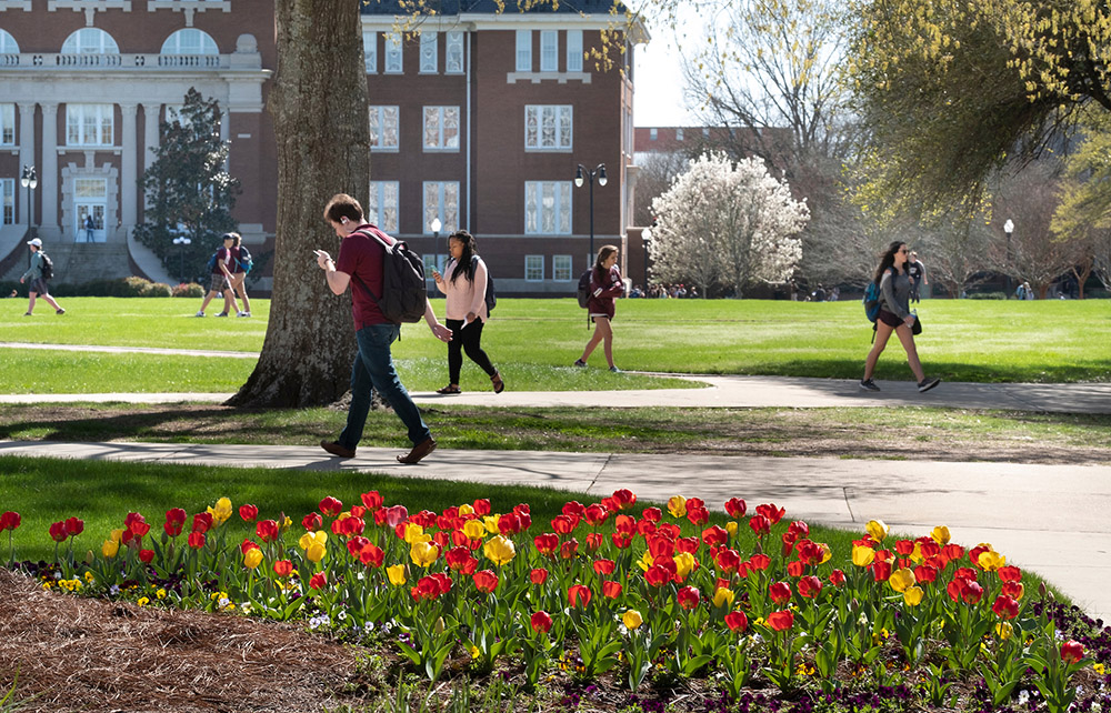 Tulips and students on the Drill Field