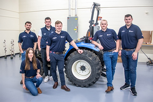 Students visiting MSU from United Kingdom’s Harper Adams University included, left to right, Dom Neal, Harry Rigby, Charlie Jackson, Rhodri Williams, Luke Waldram; and bottom left, Kelly Billington. MSU recently hosted the students from HAU as part of an international exchange partnership focused on agricultural autonomy. 