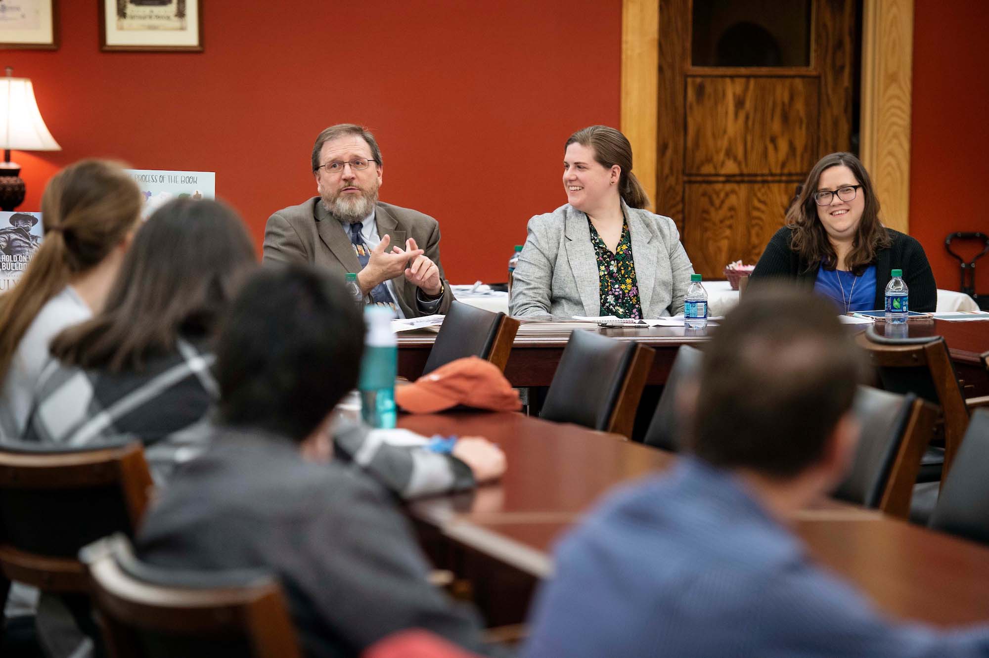 University Press of Mississippi Director Craig W. Gill, from left, along with UPM staff members Courtney McCreary and Lisa McMurtray, talked with MSU faculty, staff and students Tuesday [Feb. 26] about the process of scholarly publishing, from manuscript acquisition through marketing a finished book. (Photo by Megan Bean) 