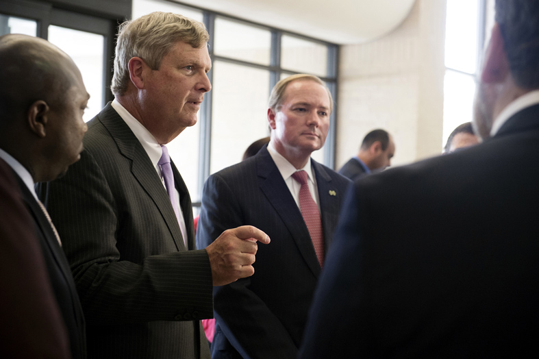 MSU President Mark E. Keenum (right) and U.S. Secretary of Agriculture Tom Vilsack, pictured here at Mississippi State University, both spoke in New York today [Sept. 16] during the closing plenary of the Global Open Data for Agriculture and Nutrition (GODAN) 2016 Summit at the United Nations. (Photo by Megan Bean)
