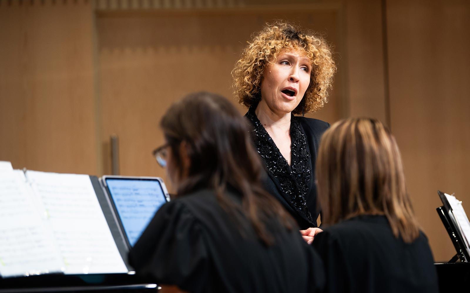 Roza Tulyaganova, associate professor in MSU’s Department of Music, sings an opera performance during the university’s All-Steinway School celebration. (Photo by Grace Cockrell)
