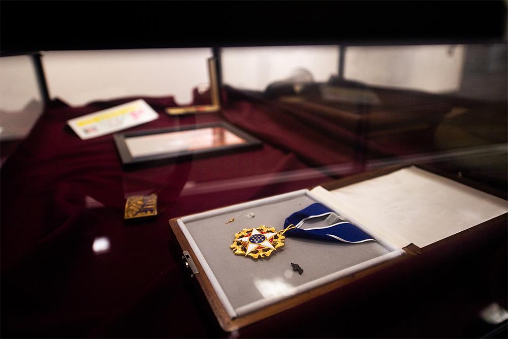 His work on behalf of veterans in the U.S. Congress led to Mississippi Congressman G.V. “Sonny” Montgomery receiving the 2005 Presidential Medal of Freedom, the highest American civilian honor. The 1943 alumnus’s medal is displayed—along with his Bronze Star—now through Nov. 14 in a student art tribute to veteran alumni in Colvard Student Union’s Art Gallery.