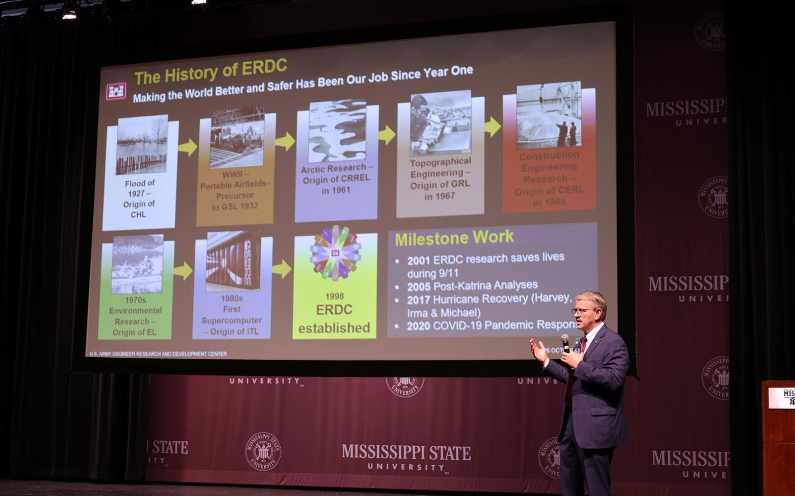 Photo: ID U.S. Army Engineer Research and Development Director David Pittman speaks during ERDC Days at MSU. (Photo by Kristen Polk