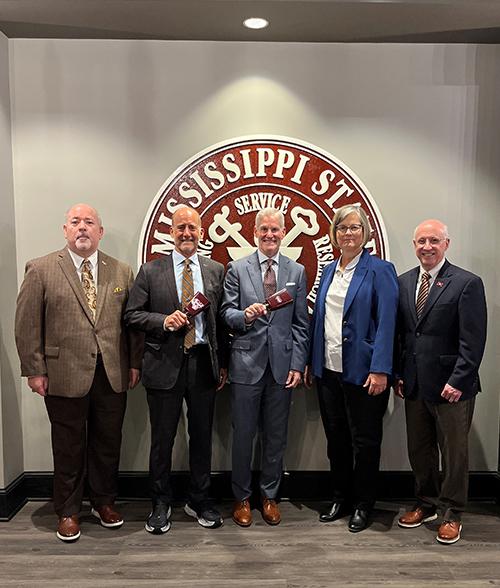 Pictured during a recent campus visit from The Conversation representatives are, from left, MSU Vice President for Strategic Communications Sid Salter, The Conversation Chief University and Foundation Relations Officer Bruce Wilson, The Conversation Senior Director for University Relations Eric Zack, MSU Vice President for Research and Economic Development Julie Jordan and Provost and Executive Vice President David Shaw.