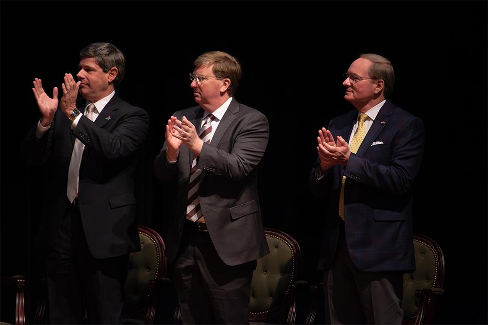 Statewide leaders Anthony Wilson of Mississippi Power, Gov. Tate Reeves and Mississippi State University President Mark E. Keenum welcome Compass Datacenters to Meridian. The announcement brings the second of two $10 billion investments to the state in less than a year.