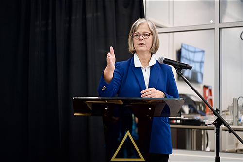 Julie Jordan, Mississippi State University vice president for economic development, gives remarks Wednesday [Jan. 29] during a ceremony formalizing the MSU at the Communiversity partnership through the Advancements in Manufacturing Upskilling Program.