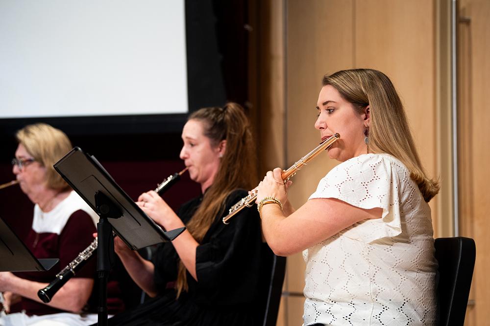 Musicians play wind instruments at MSU'S All-Steinway celebration.