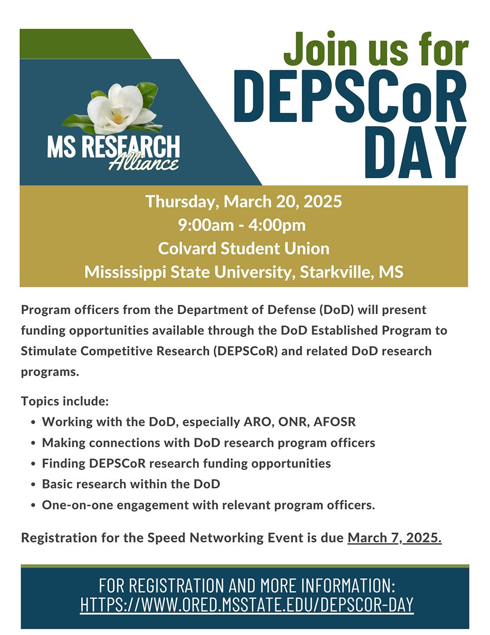 Pictured is an informative flyer for DEPSCoR Day at MSU.