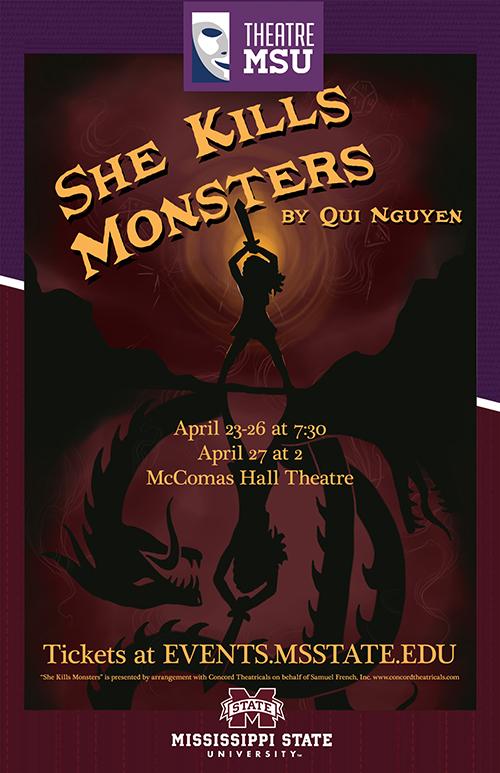 An event poster for the play "She Kills Monsters."