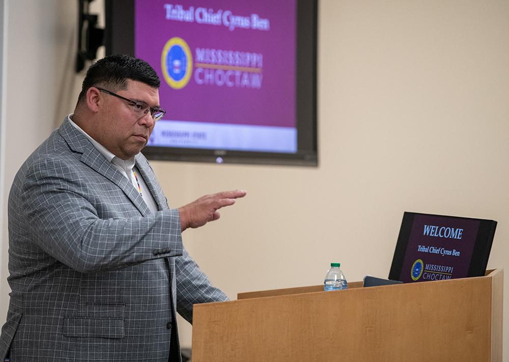 Mississippi Band of Choctaw Indians Tribal Chief Cyrus Ben delivers remarks at MSU-Meridian.