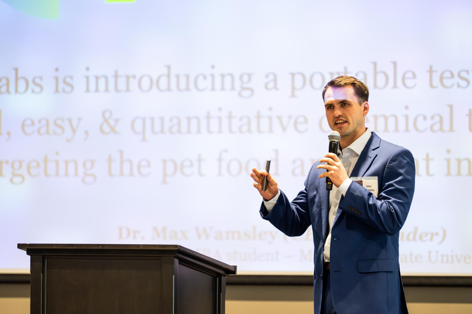 Mississippi State doctoral graduate and MBA student Max Wamsley won the spring Startup Summit’s $10,000 prize for his company CLARUS Labs in the Mississippi Made category. His company develops cost-effective, rapid and reliable onsite testing systems for pet food manufacturers. (Photo by Grace Cockrell)