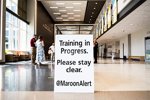 Emergency preparedness leaders set up for an emergency response exercise for training purposes.