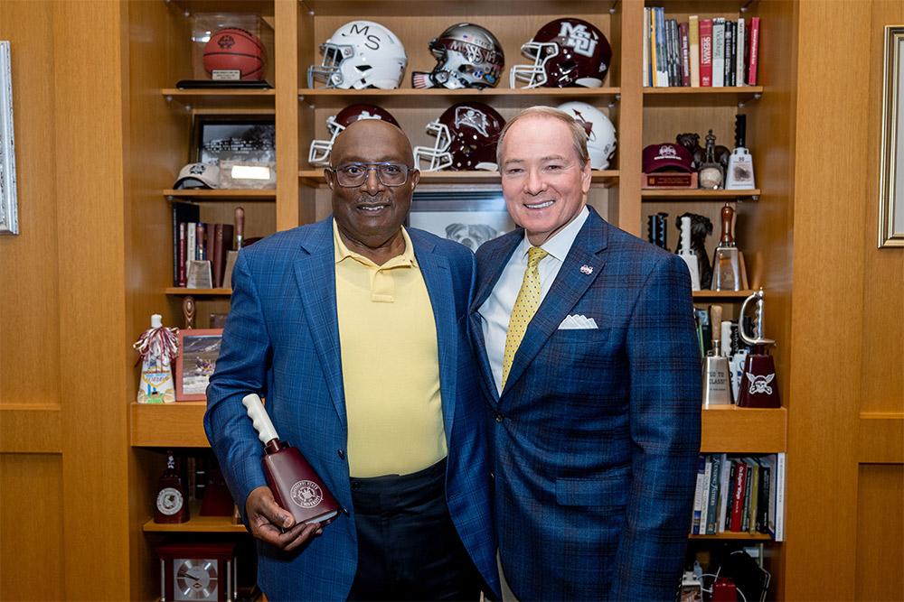 Alumnus John L. “Johnny” Barnes and MSU President Mark E. Keenum