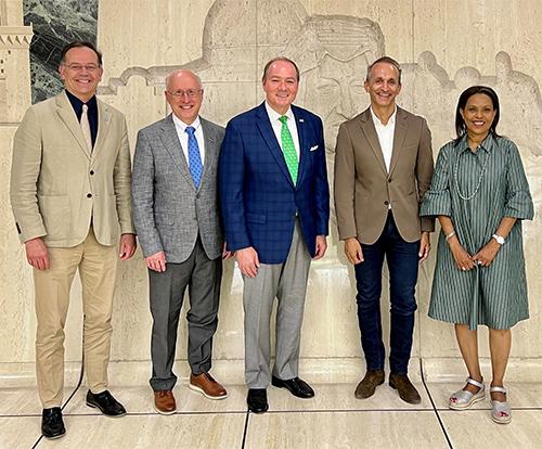 Meeting today at FAO headquarter in Rome, Italy, include, from left, Manuel Barange, FAO Assistant Director General, Director of Fisheries and Aquaculture; MSU Provost and Executive Vice President David Shaw; MSU President Mark E. Keenum; Vincent Martin, FAO Director, Office of Innovation; and Fatouma Seid, FAO Deputy Director of Partnerships and U.N. Collaborations Division.