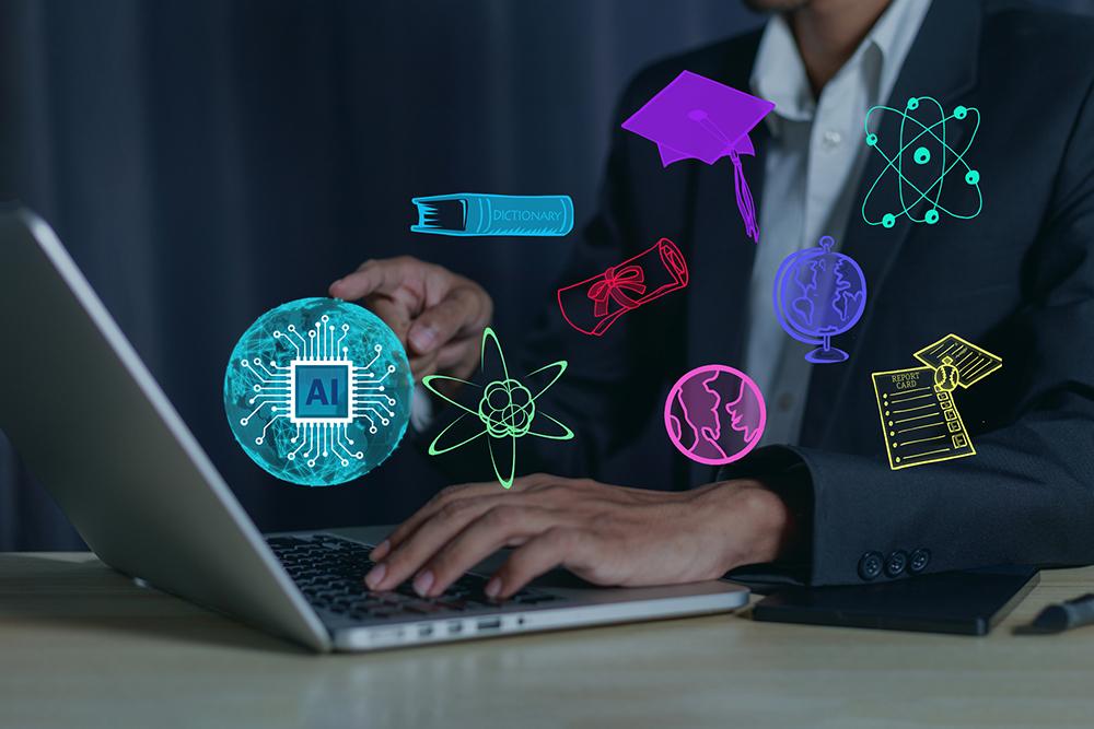 An illustration showing a person working at a laptop overlayed with graphics.