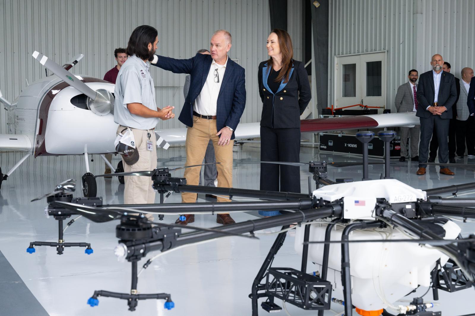 U.S. Secretary of Agriculture Brooke Rollins was briefed on Mississippi State University’s leading research on Uncrewed Aircraft Systems, as well as its groundbreaking work in the area of agriculture autonomy. She viewed the country’s largest and most capable fleet of UAS in academic use.