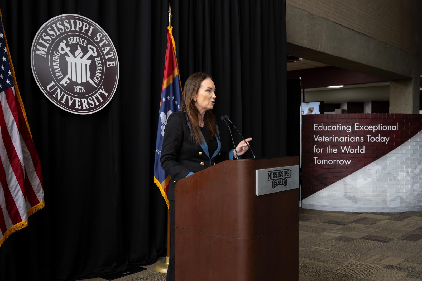 U.S. Secretary of Agriculture Brooke Rollins outlines strategies to combat the nationwide shortage of rural veterinarians, an issue with direct connections to food security, farm security and national security, she said, during her Aug. 28 visit to Mississippi State University.