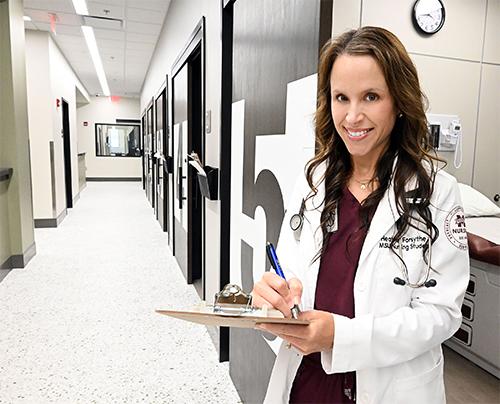 Heather Forsythe pictured at MSU-Meridian's Interprofessional Simulation Center, a state-of-the-art facility preparing students for real-life medical situations.
