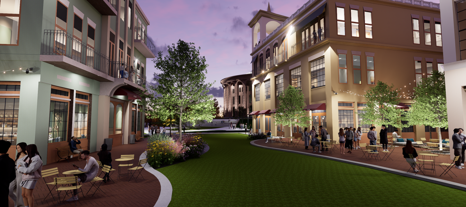 Architectural rendering of the future Crossroads District from ground view