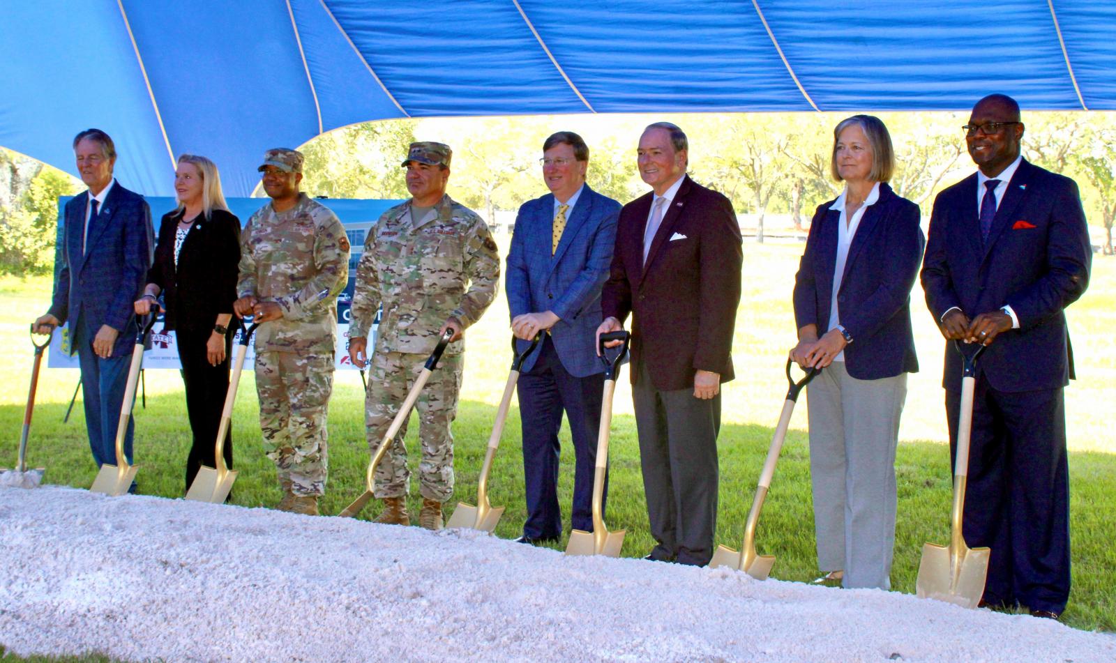 Pictured, from left, are Biloxi Mayor Andrew “FoFo” Gillich, U.S. Air Force Civil Engineering Center’s Tammy O’Neil, 81st Training Wing Commander Col. Christopher Robinson, U.S. Air Force Maj. Gen. Wolfe Davidson, Mississippi Gov. Tate Reeves, MSU President Mark E. Keenum, MSU Vice President for Research and Economic Development Julie Jordan, and Mississippi Power Chairman and CEO Pedro Cherry.