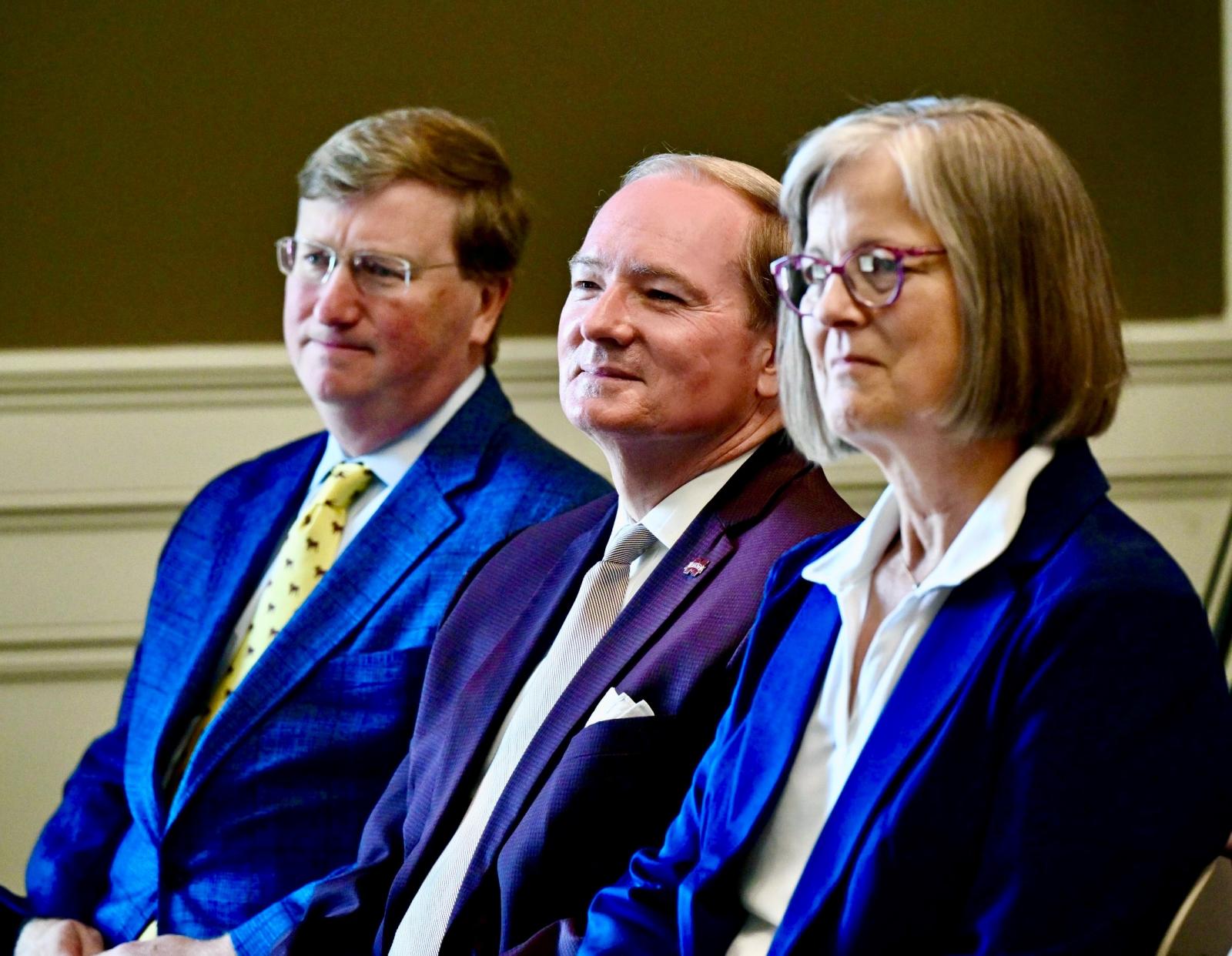 Gov. Tate Reeves, from left, MSU President Mark E. Keenum and MSU Vice President for Research and Economic Development Julie Jordan in Biloxi Aug. 19.
