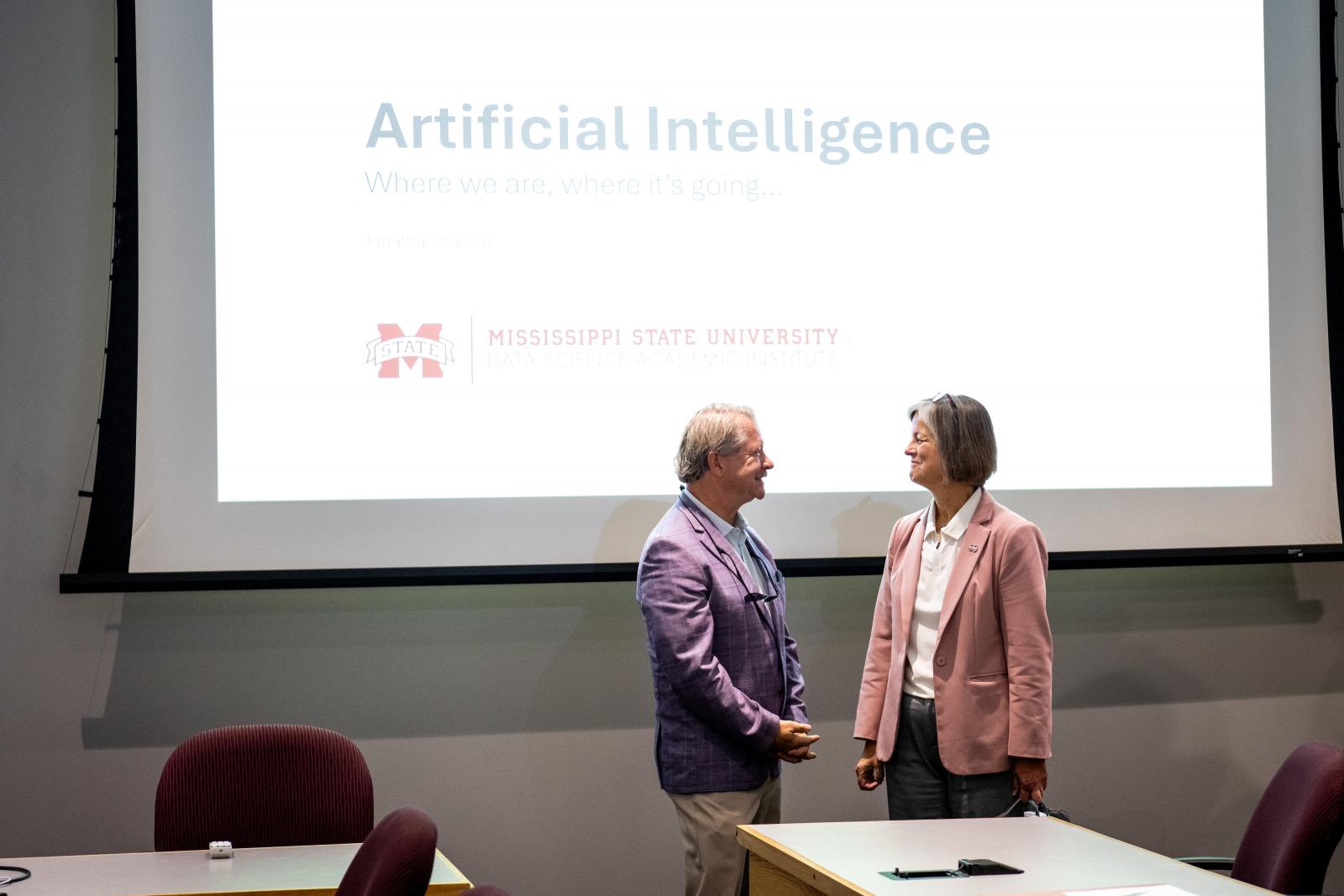 State Sen. Bart Williams of Starkville talks with MSU Vice President for Research and Economic Development Julie Jordan