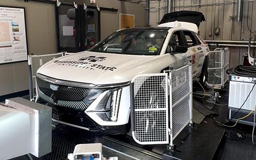 MSU’s EcoCAR team uses the Center for Advanced Vehicular Systems’ dynamometer to test its vehicle as students compete in national competition.