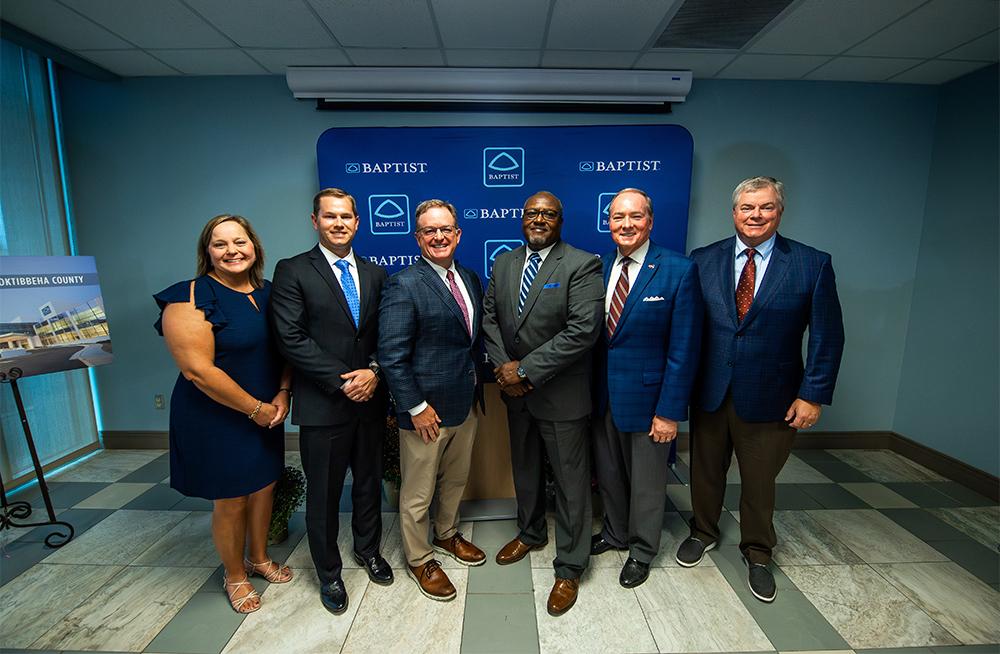 Pictured during Monday’s [Oct. 6] event are, from left, Lauri Sansing, Chief Nursing Officer, Baptist Memorial Hospital-Oktibbeha County; Mac Flynt, Administrator and CEO, Baptist Memorial Hospital-Oktibbeha County; Jason Little, President and CEO, Baptist Memorial Health Care; Marvell Howard, President, Oktibbeha County Board of Supervisors; MSU President Mark E. Keenum; and Robby Gathings, Baptist Memorial Health Care Corporate Board of Directors member.