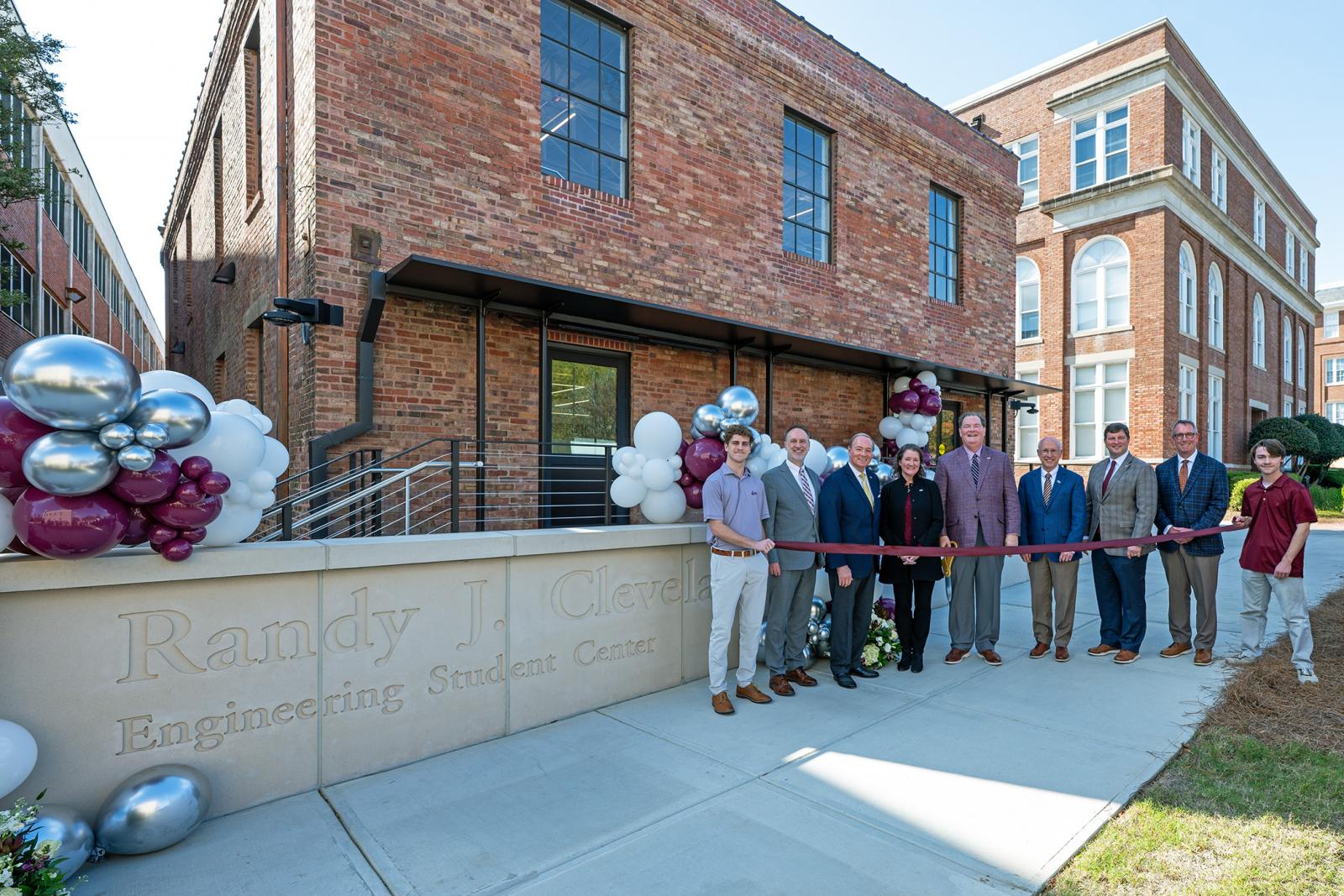 Celebrating Mississippi State’s new Randy J. Cleveland Engineering Student Center are, from left, junior biomedical engineering major Andrew Schroeder of Benton, Arkansas; Bagley College of Engineering Dean David Ford; MSU President Mark E. Keenum; Nina and Randy Cleveland; Provost and Executive Vice President David Shaw; MSU Foundation President and CEO John Rush; Senior Director of Development Bennett Evans and senior civil engineering major Matthew Wubben of Starkville.