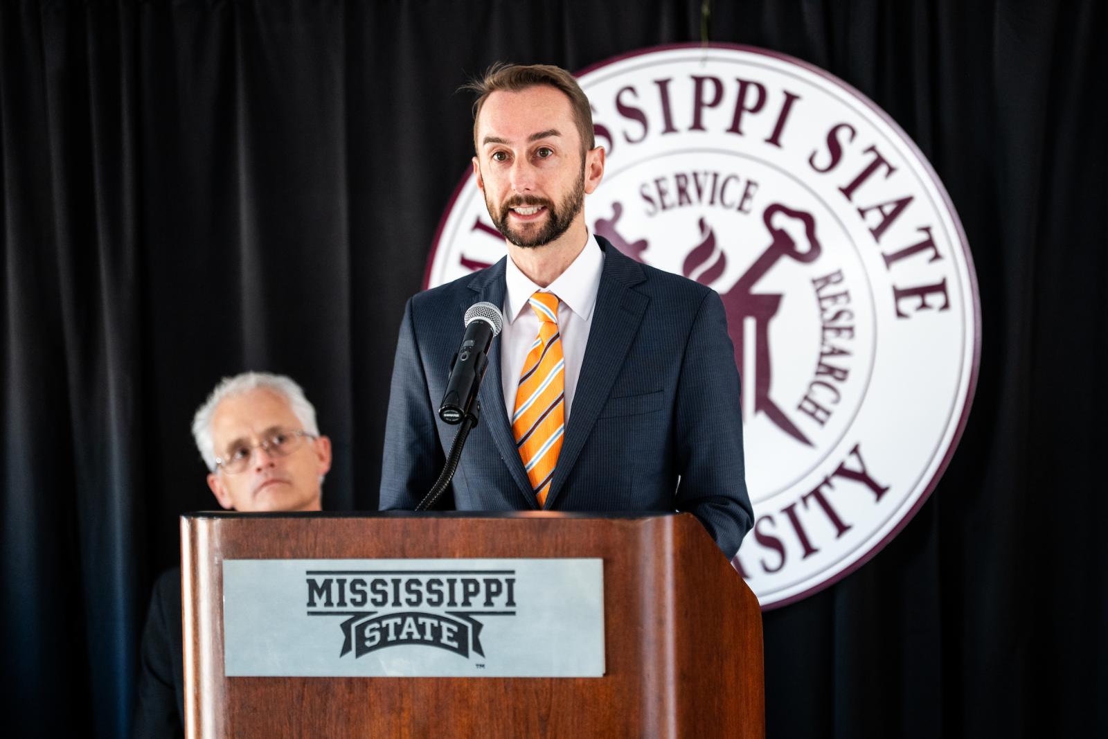 Dr. François-René Bertin, inaugural director of the Nancy Fair Link Laminitis Research Center at Mississippi State University’s College of Veterinary Medicine, speaks during a groundbreaking ceremony Nov. 10 as Dr. Nicholas Frank, CVM dean, listens to the remarks.