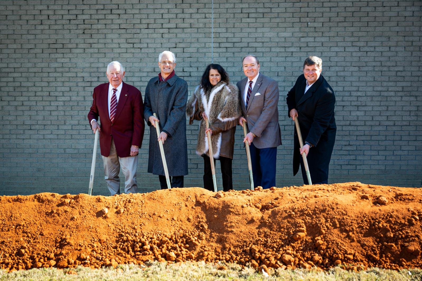 Celebrating today’s [Nov. 10] groundbreaking ceremony for the Nancy Fair Link Laminitis Research Center at Mississippi State University's College of Veterinary Medicine are, from left, MSU Alumnus Richard Adkerson, College of Veterinary Medicine Dean Nicholas Frank, Nancy Link, MSU President Mark E. Keenum, and MSU Foundation President and CEO John Rush.