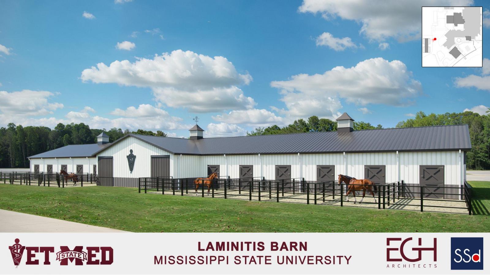 An architectural rendering of a barn featuring 24 stalls to house horses adjacent to the Nancy Fair Link Laminitis Research Center