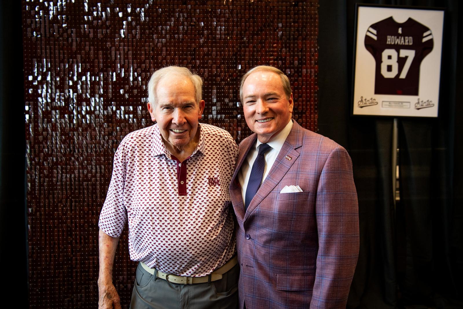 Billy W. Howard Sr., left, is pictured in June 2025 with MSU President Mark E. Keenum during the celebration event for MSU’s new 110,000-square-foot indoor Billy Howard Indoor Practice Facility.
