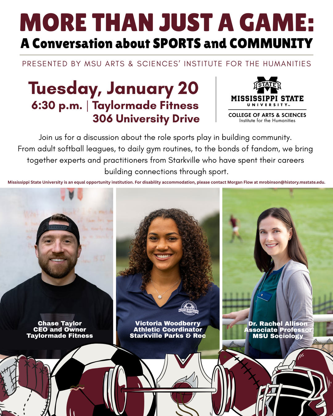 composite of a man and two women headshots for a conversation of sports and community