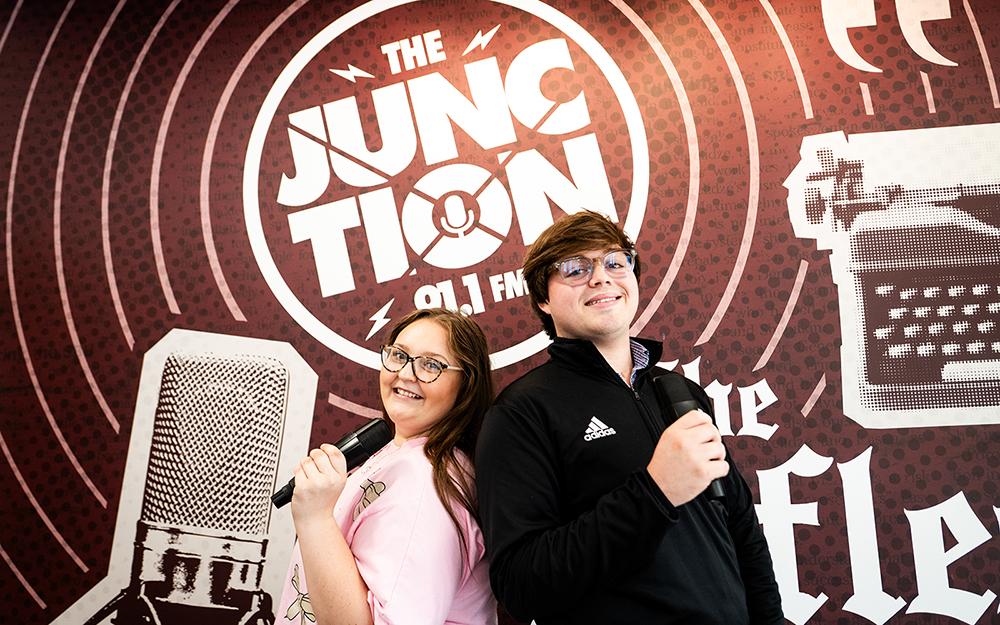 From left: Sophomore communication major Gracelyn Johnson of Amory and senior political science major Wesley Webb of Oxford host “Rise and Ring,” a live, two-hour radio show airing on WMSV 91.1 The Junction each Tuesday and Thursday this semester.